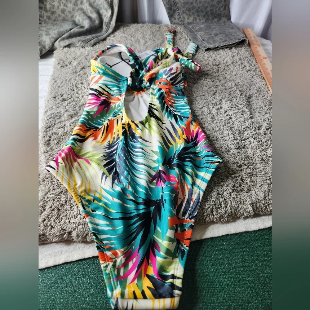 Women's Plunge Ring Detail One Piece Swimsuit - Shade & Shore Multi Tropical XS